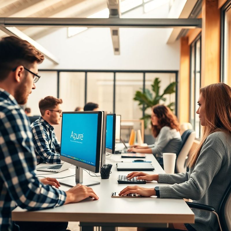 Small software team of seven working in a bright open-plan office in Oradea, Romania
