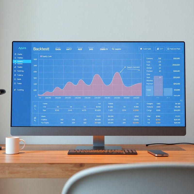 Backtesting equity curve and performance metrics table rendered in an azure-blue dashboard