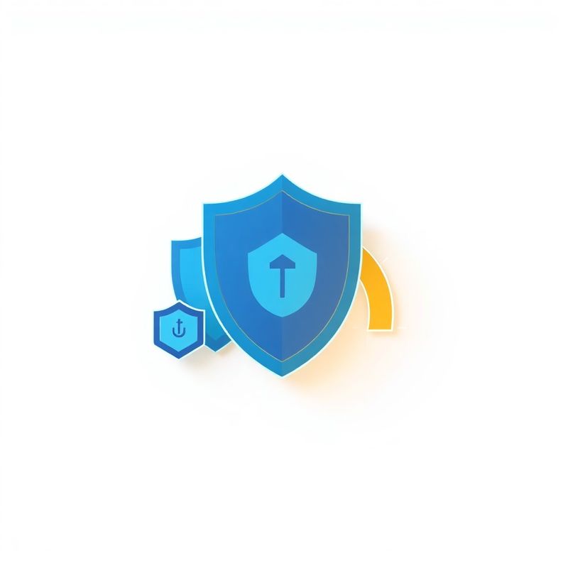 Overlapping shield icons and a risk threshold gauge in azure-blue tones