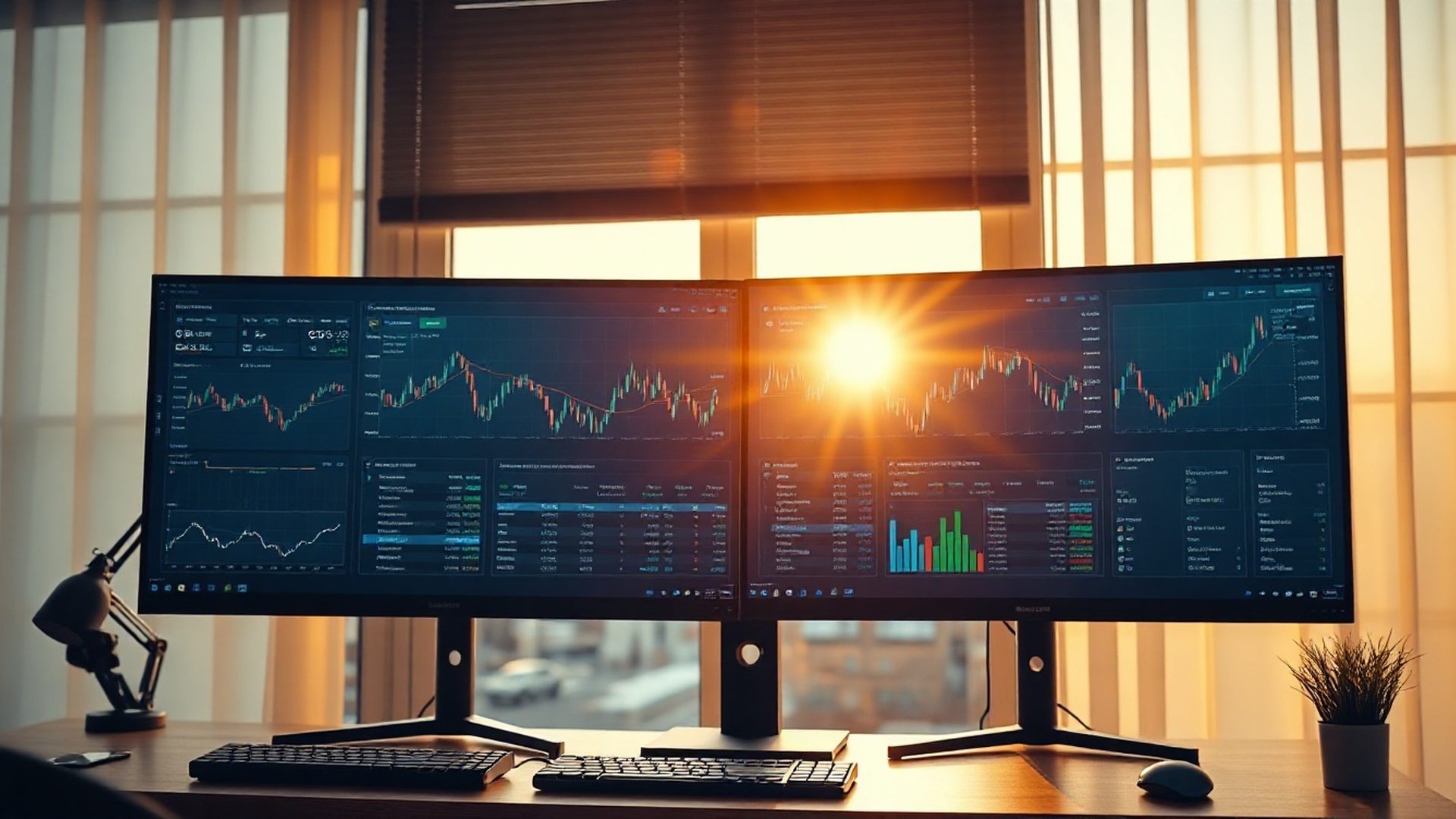 Dual-monitor trading workstation showing an azure-blue algorithmic dashboard with live order flow